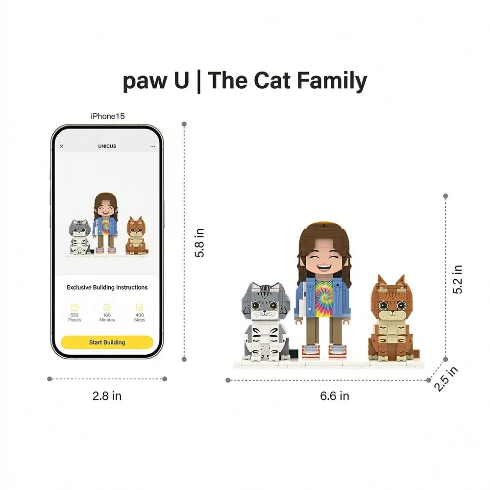 'Meow Duo' | Personalized Human & Two Cats 3D Brick Figure Set