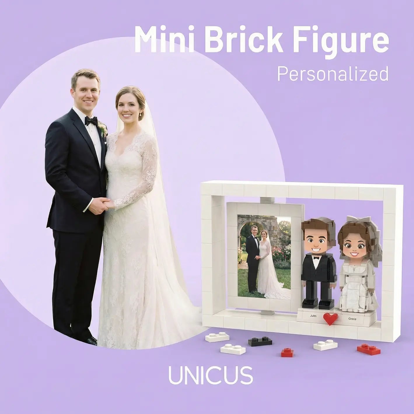 Modern Rotating Wedding Photo Frame Building Set - Personalized Couple Display with Heart Decor