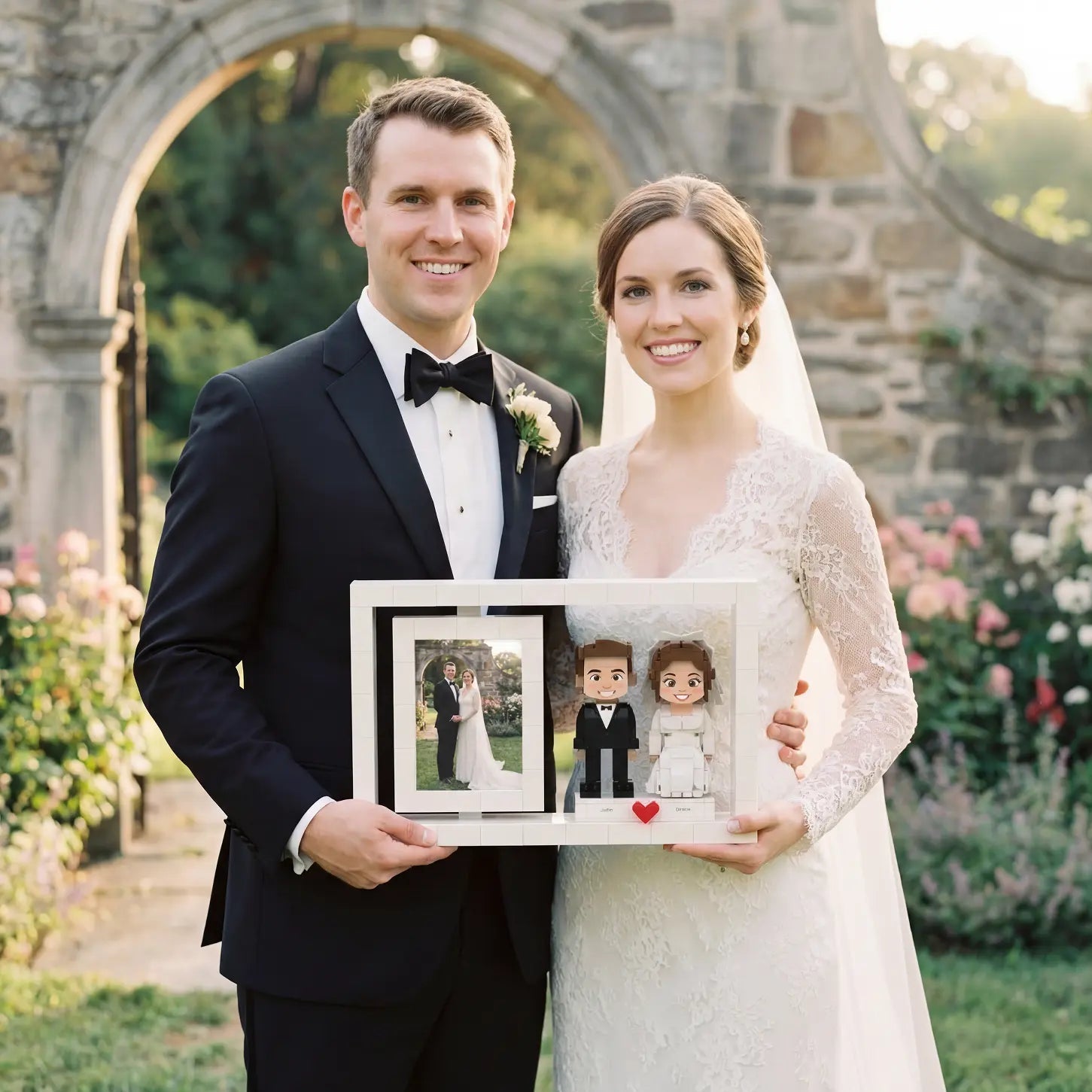 Modern Rotating Wedding Photo Frame Building Set - Personalized Couple Display with Heart Decor